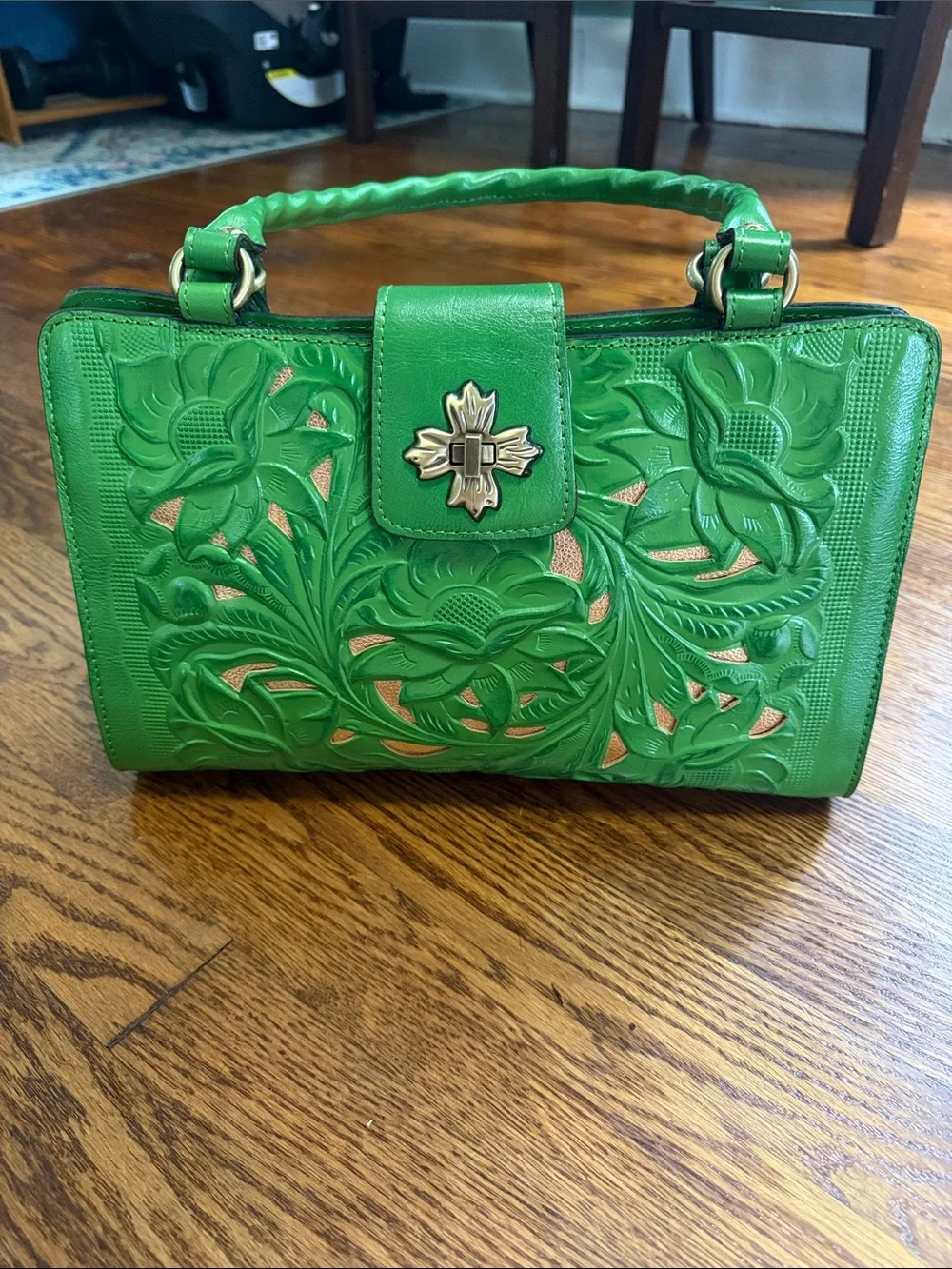 Patricia Nash Green Tooled Floral Leather Satchel